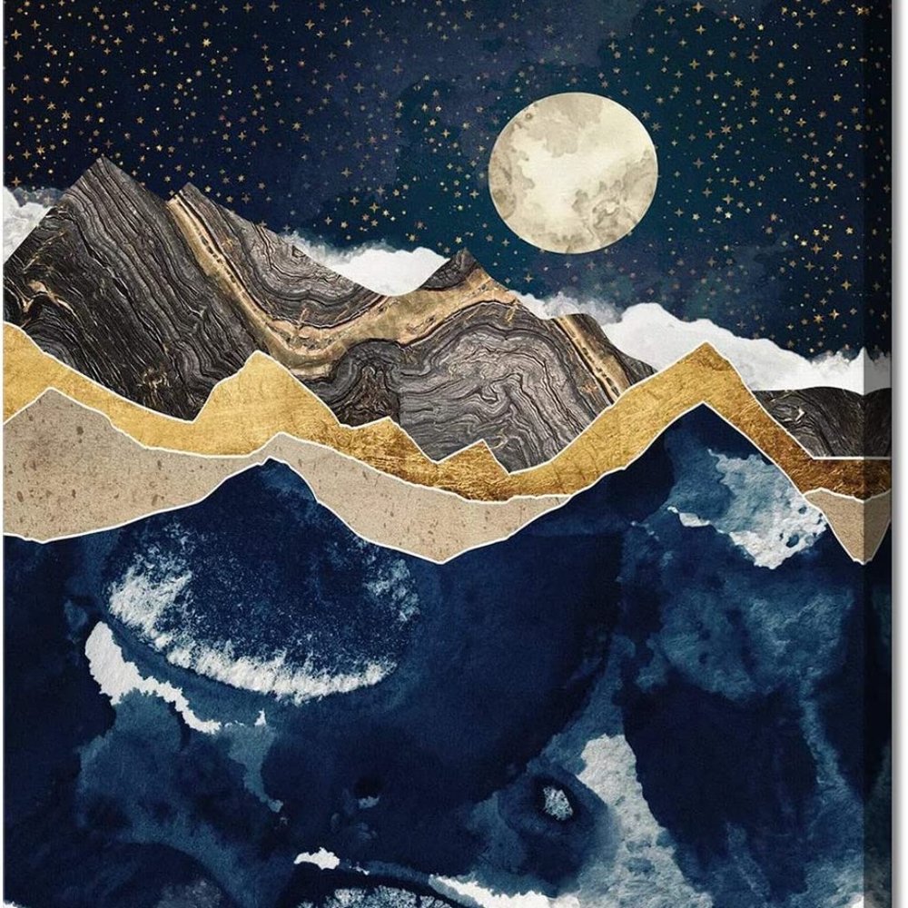 Abstract Mountain and Stars Moon Painting on Framed Canvas Print 24Lx 16W x1"